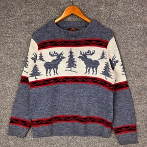 Vintage Alps Knitmeister Moose‎ Tree Knit Sweater Crewneck Blue Red Size M